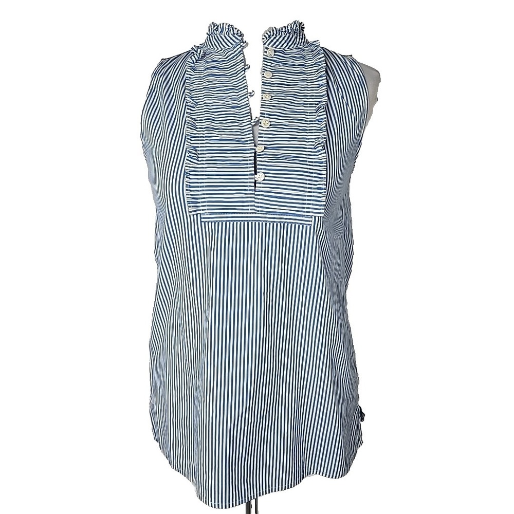 J Crew Blue White Striped Sleeveless Cotton Blouse‎ Top Button Ruffle Size 0
